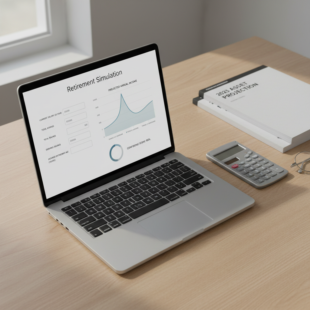 An overhead view of an open silver laptop on a pale oak desk, showing a detailed retirement simulation interface with multiple input fields for salary, savings, and retirement age, alongside a smooth income curve charted over time. Beside the laptop, neatly stacked financial reports, a slim calculator, and a pair of understated metal-framed glasses rest in orderly alignment. Soft diffused afternoon light from the left creates balanced shadows and a calm atmosphere. The composition follows the rule of thirds, emphasizing the laptop screen while keeping all elements crisp and readable. Photographic realism with clean lines and a neutral palette of whites, greys, and muted blues, evoking precision, professionalism, and trust.