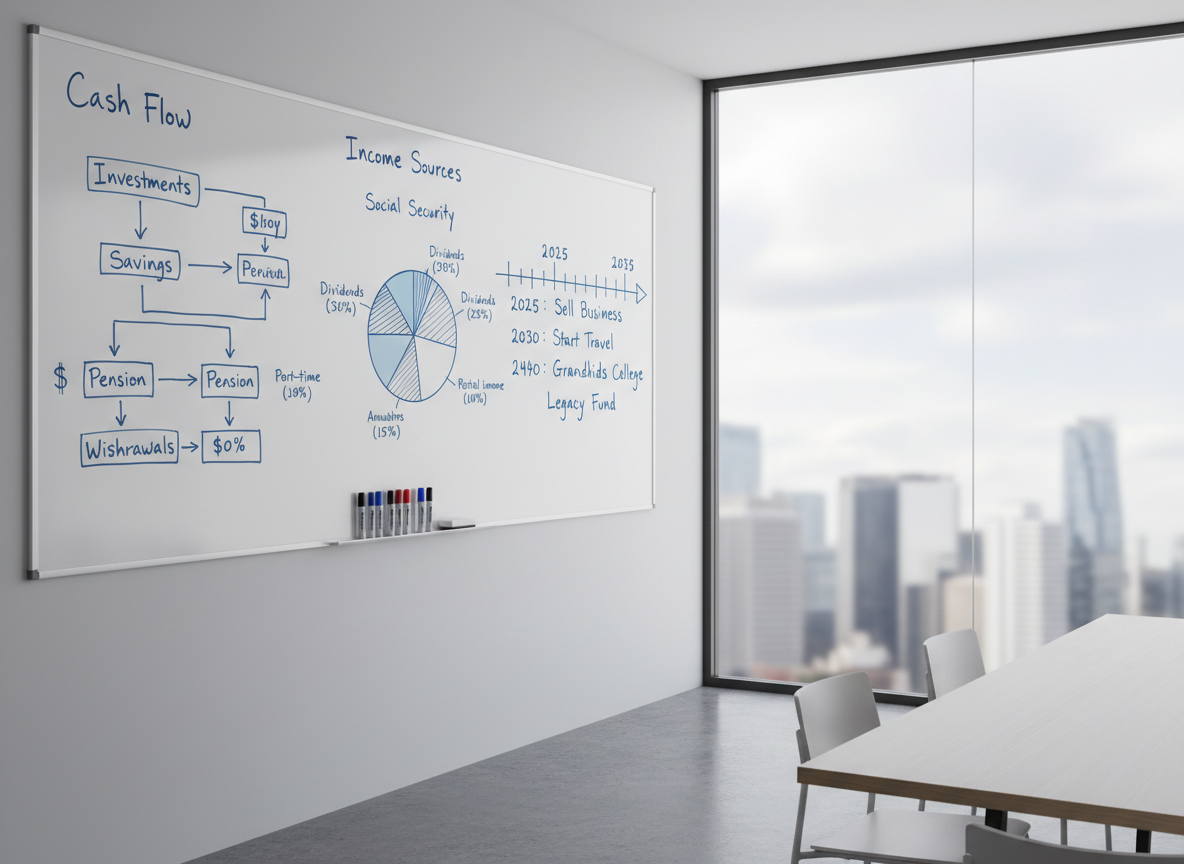 A large, wall-mounted whiteboard in a modern meeting room is filled with precisely drawn diagrams of cash flows, pie charts of income sources, and timelines labeled with key retirement milestones, all in orderly blue and grey marker. Below, a slim ledge holds neatly aligned markers and an eraser. The room features a glass wall revealing a muted cityscape in soft focus. Neutral daylight floods the space, creating a bright but not harsh environment with clean, soft-edged shadows. Captured from a slightly angled perspective to show depth along the whiteboard, sharp focus on the diagrams. Photographic realism with a structured, corporate aesthetic, conveying strategic thinking and long-term retirement planning.