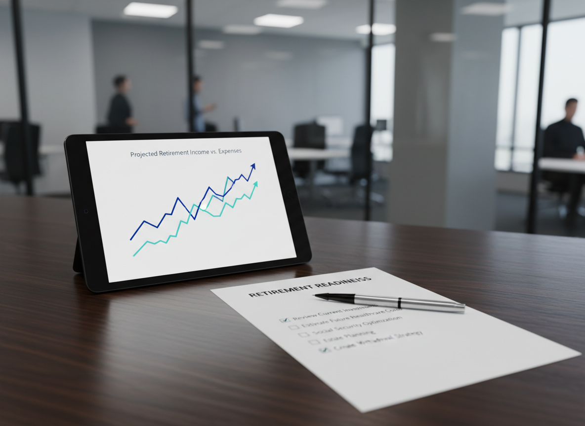 A close-up, eye-level shot of a structured financial planning workspace featuring a matte black tablet on a dark wood desk, displaying a full-screen graph of projected retirement income versus expenses in cool blue and teal tones. Next to the tablet, a neatly printed retirement checklist on premium white paper lies perfectly aligned with a polished chrome pen resting on top. The background shows a blurred modern office with glass partitions and neutral walls. Cool, even office lighting from above creates subtle reflections and defined shadows, emphasizing clean geometry. The atmosphere is analytical yet calm, highlighting serious, data-driven retirement preparation in a photographic, corporate style with balanced, minimalist composition.