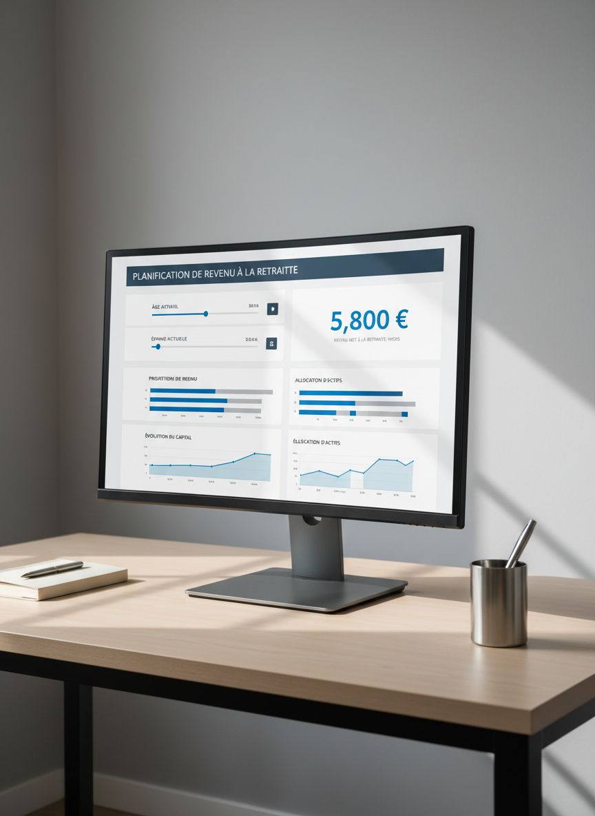 A sleek, large desktop monitor displays a clean retirement income dashboard with clear graphs, sliders for age and savings, and a prominent “revenu net à la retraite” figure in calm blue and grey tones. The screen sits on a tidy light-wood desk with a closed notebook and a minimalist metal pen holder, against a soft grey wall. Neutral daylight from an unseen window washes across the scene, creating gentle reflections on the monitor and subtle shadows behind objects. Photographic realism with a corporate, structured layout, shot at eye level with a slightly wide angle, sharp focus throughout. The mood is professional, reassuring, and organized, conveying clarity and control over retirement planning without any human presence.